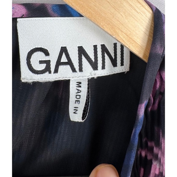 Ganni Pleated Georgette Floral Peplum Blouse crinkle preppy chic sz S - Picture 2 of 9